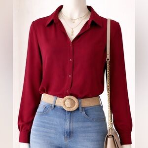 FLATTERING! Express Portofino Button-Up Blouse Burgundy